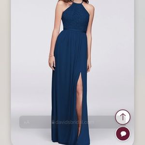 Open-Back Lace and Mesh Bridesmaid Dress F19608, Marine, Size 8